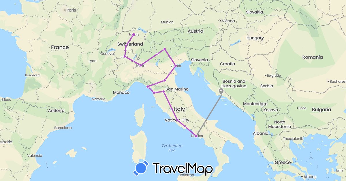 TravelMap itinerary: driving, plane, train in Switzerland, Croatia, Italy (Europe)